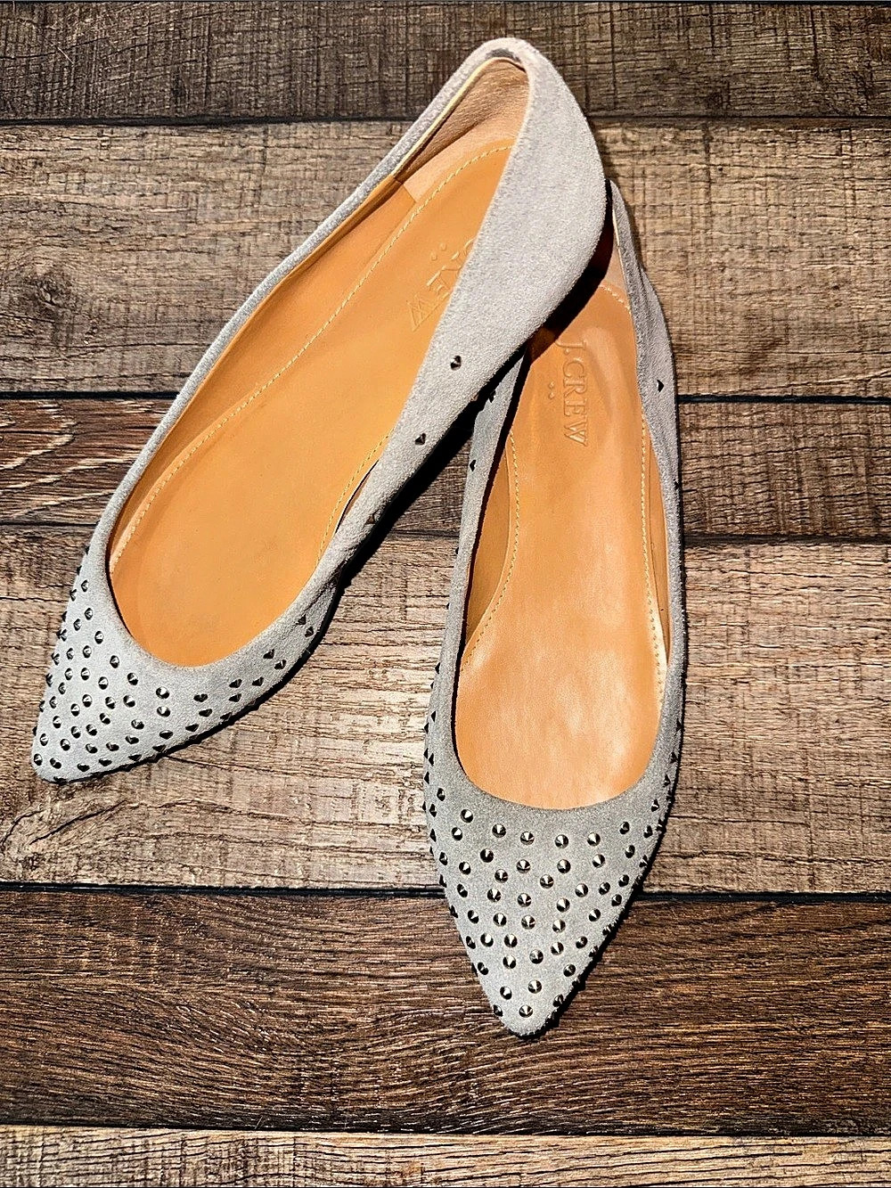 J. Crew Pointed-Toe Studded Flats in Gray